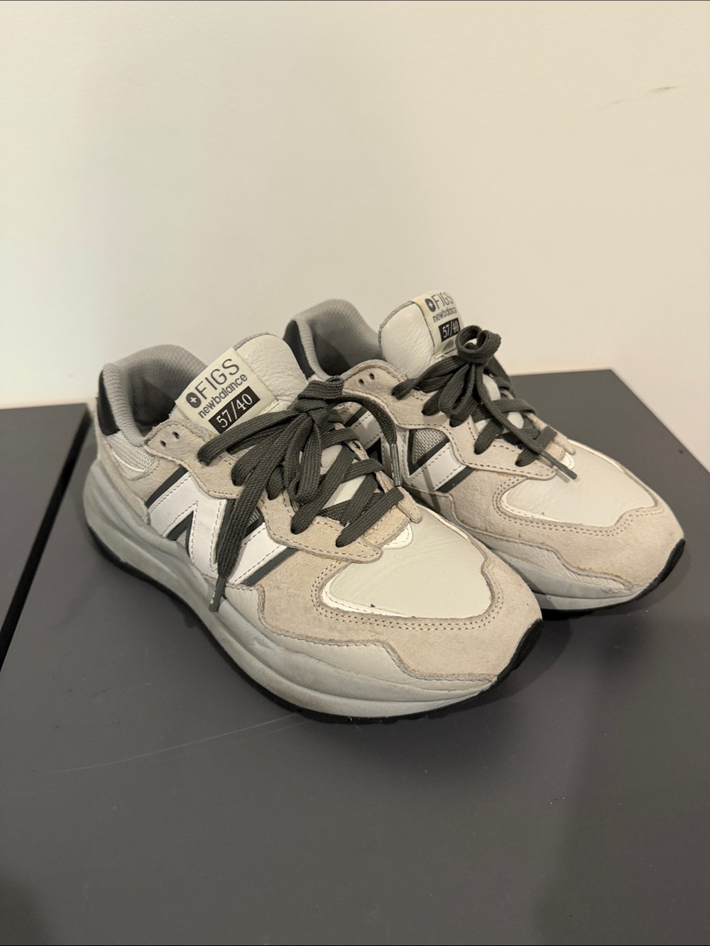 FIGS New Balance 5740 Beige, White & Dark Gray Lace-Up Sneakers